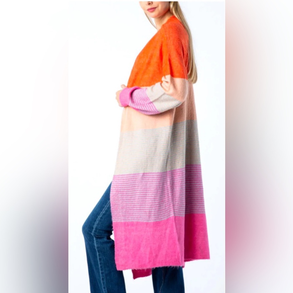Pink Orange Taupe Color Block Balloon Sleeve Duster Cardigan